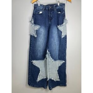 Hot Topic Womens Sz 3 Star Patch Distressed Wide Leg High Rise Jeans Blue Denim